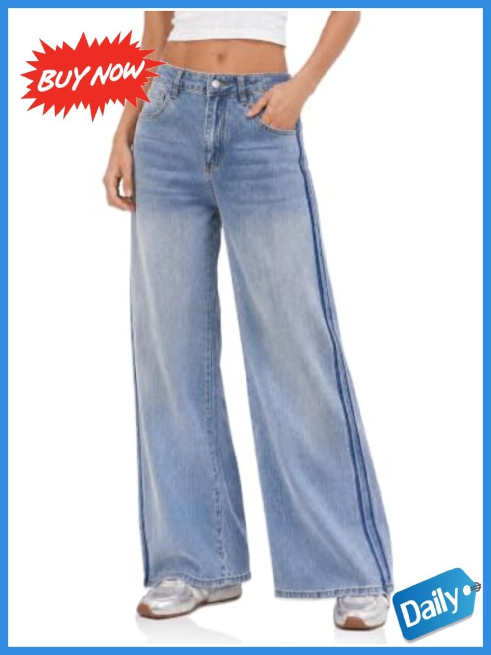 Side Striped Wide Leg High Waist Stretch Denim Jeans Casual Pants